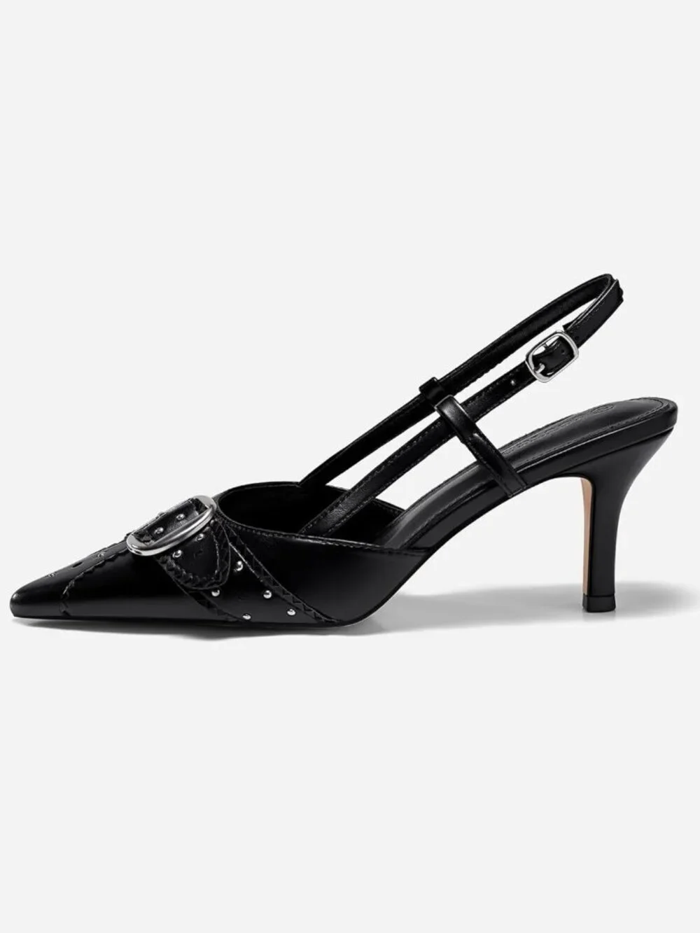 Coutgo Women's Black Close Pointed Toe Slingback Buckle Ankle Strap Heels Shoes - Picture 4 of 6